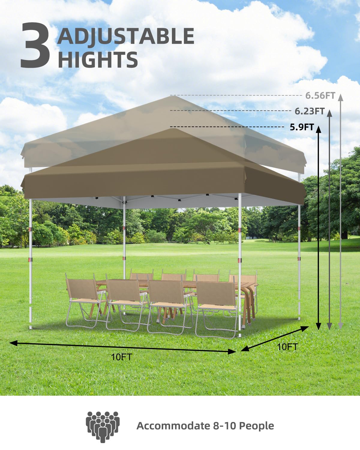 GarveeLife 10x10 Pop Up Canopy with One Button Push Setup - Heavy Duty Outdoor Canopy Tent with Portable Roller Bag - 3 Adjustable Height, 4 Weight Bags, 8 Stakes & 4 Guy Ropes Included, Khaki