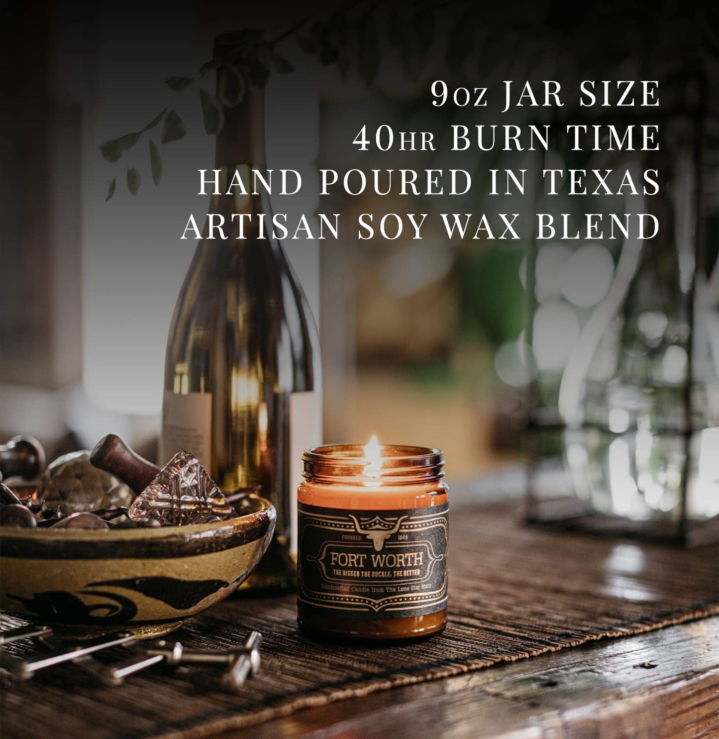 Jackson Vaughn Scented Texas Candle, Texas - Scents of Wild Sage, Vanilla, Campfire - 9oz Jar - 40 Hour Burn Time
