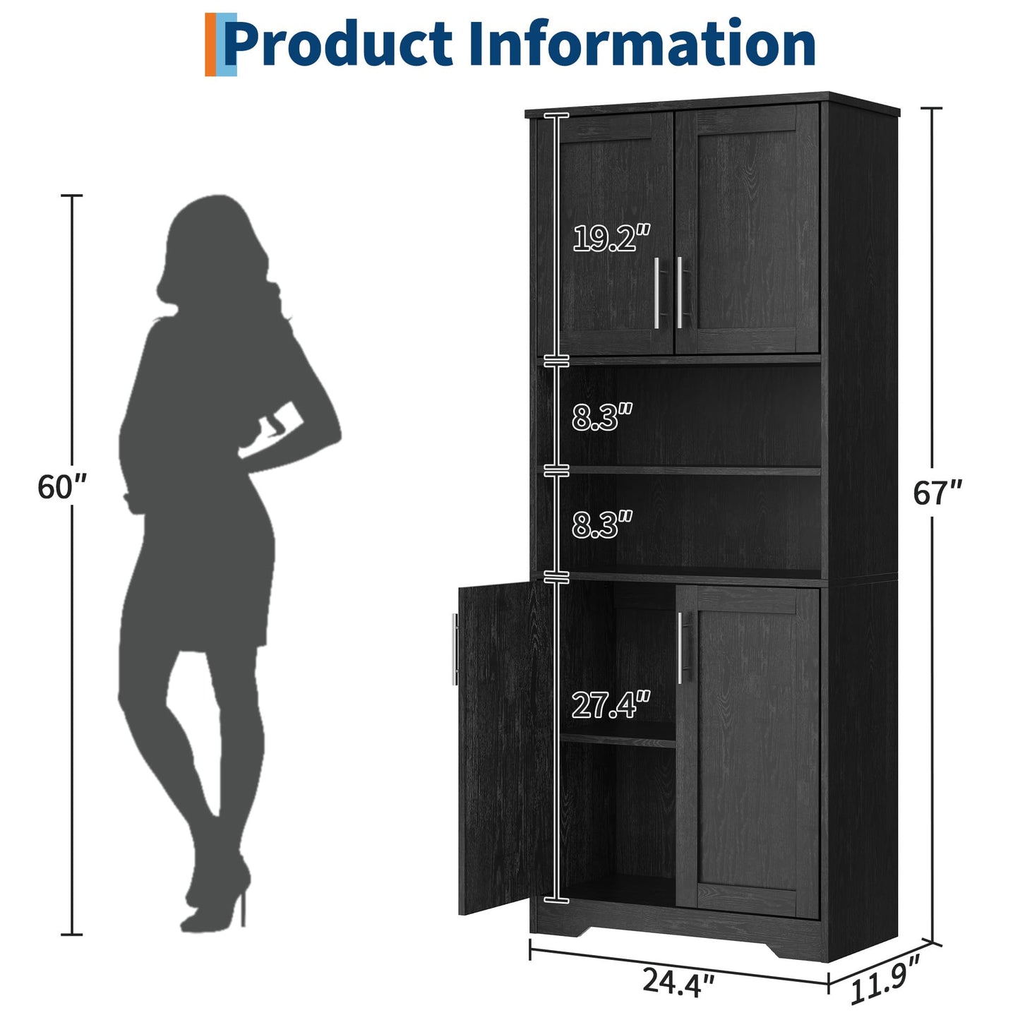 GarveeHome 72'' Tall Kitchen Pantry Cabinet, Freestanding Storage Cabinet with Doors and Shelves, Wooden Food Pantry Farmhouse Cupboard Buffet for Kitchen Dining Living Room, Black
