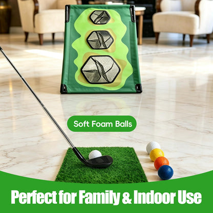 Bpbdzz Golf Chipping Game Set with 2 Clubs & 1 Scoreboard - 2 Target Nets, 2 Turf Mats, 16 Foam Balls, Score Pen & Bag - Indoor/Outdoor Golf Training for Adults/Family