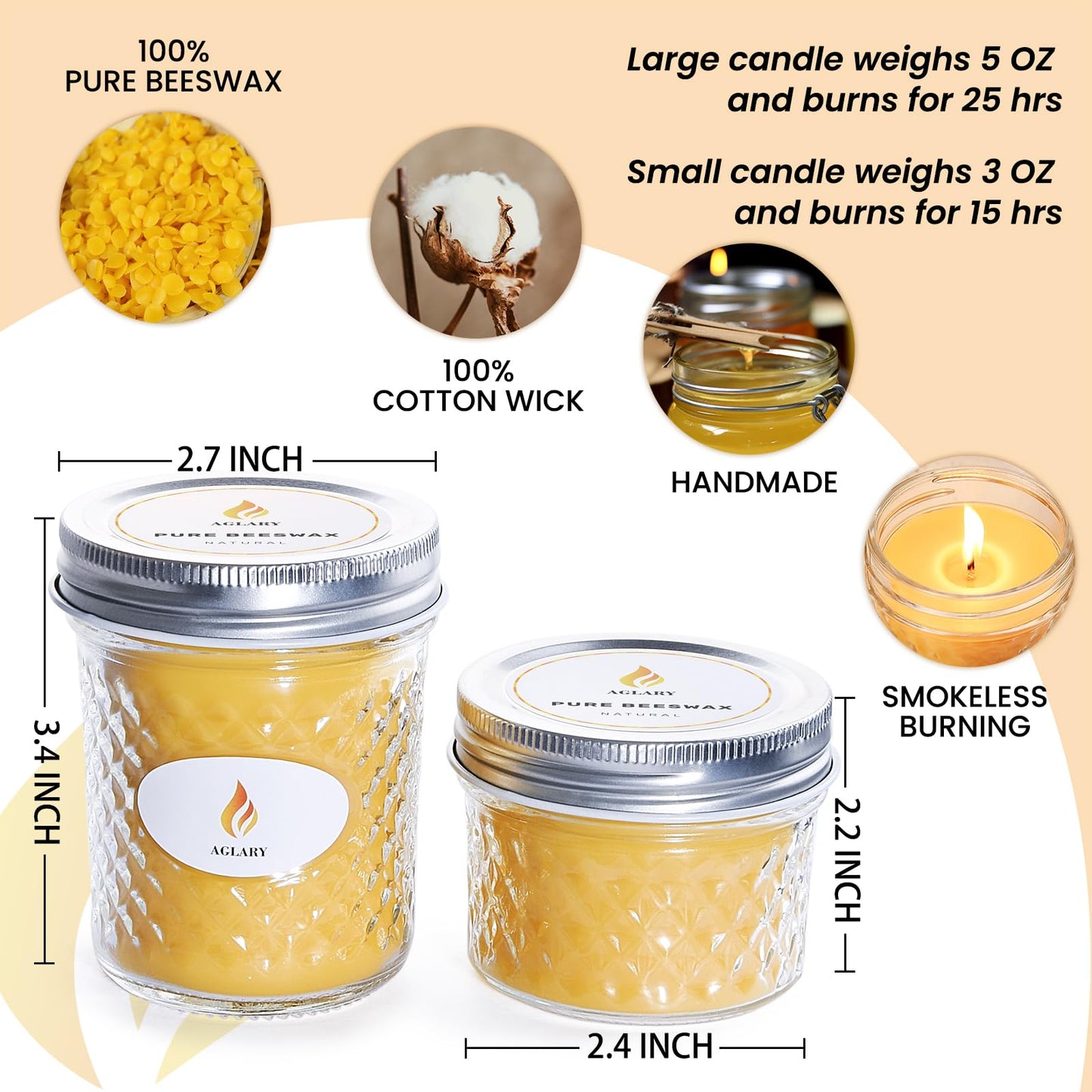 AGLARY 3PCS Beeswax Candle in Glass, 3oz,Over 21H Burn Time, Elegant and Natural Home Lighting,Unscented Beeswax-Raw