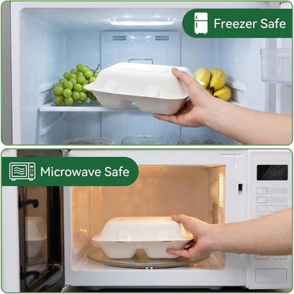 Elsjoy 90-Pack Compostable Clamshell Take Out Containers - 2-Compartment, 9" x 6", Microwave Safe