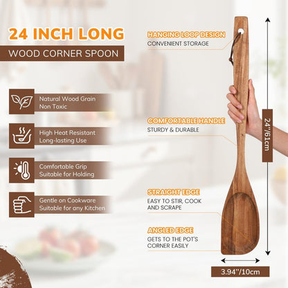 FillTouch 24 Inch Large Wooden Spoon for Cooking, Acacia Natural Wood Corner Spoon with Long Handle, Versatile Wood Spoons for Stirring, Flipping, Serving, Scraping