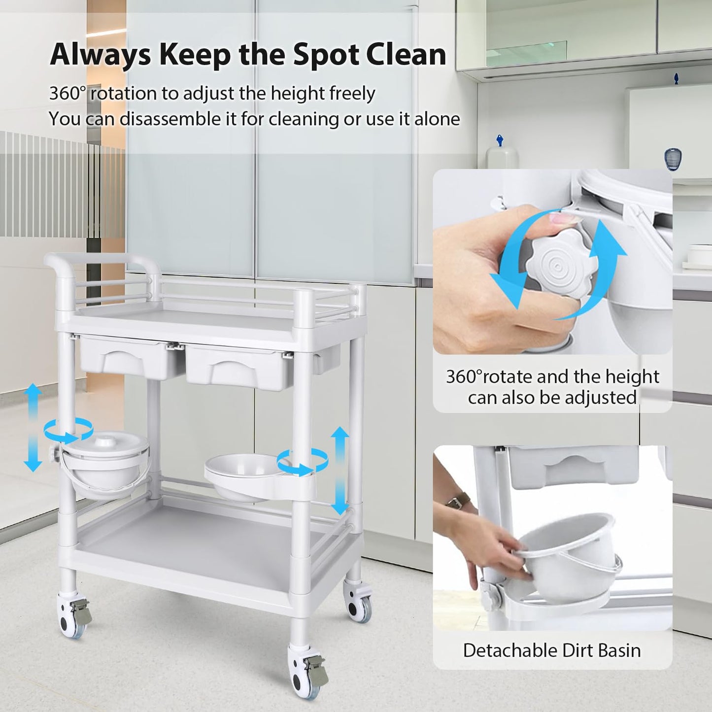 Medical Mobile Trolley Cart 2-Shelf 220 LBS Max Load Rolling Utility Cart Heavy Duty Beauty Salon Storage Cart with Drawers Dirt Buckets Rotate Wheels 2 Brake for Hospital Dental Clinic Home