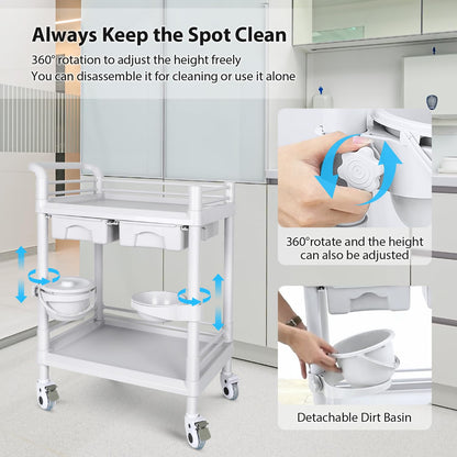 Medical Mobile Trolley Cart 2-Shelf 220 LBS Max Load Rolling Utility Cart Heavy Duty Beauty Salon Storage Cart with Drawers Dirt Buckets Rotate Wheels 2 Brake for Hospital Dental Clinic Home