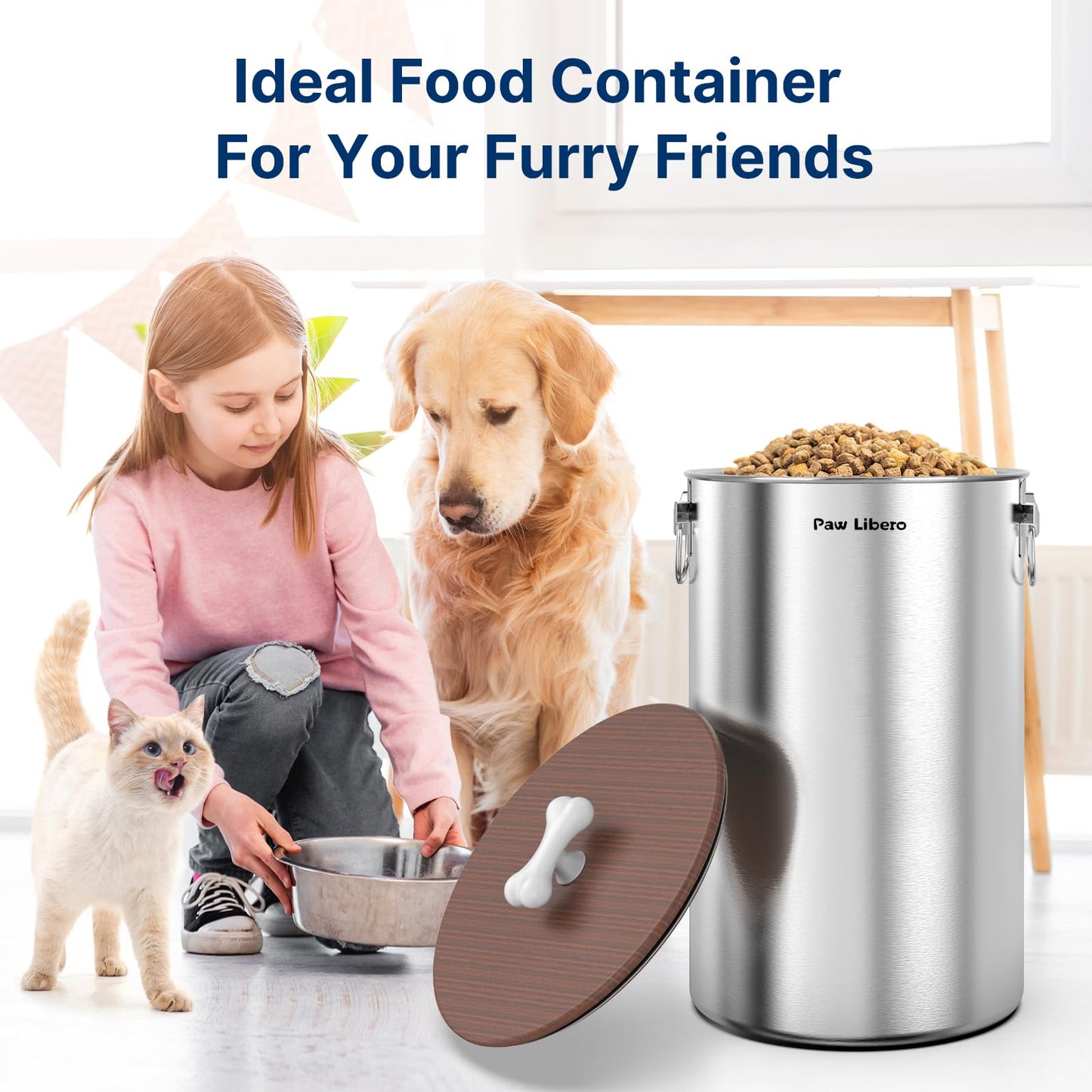 Paw Libero 2PK 35 Lbs total 70Lbs Stainless Steel Dog Food Storage Container with Airtight Wooden Lid & Ceramic Bone Handle, Large Metal Dog Food Bin for Dogs & Cats, Keep Fresh, Easy to Clean