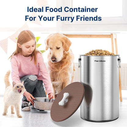 Paw Libero 2PK 35 Lbs total 70Lbs Stainless Steel Dog Food Storage Container with Airtight Wooden Lid & Ceramic Bone Handle, Large Metal Dog Food Bin for Dogs & Cats, Keep Fresh, Easy to Clean
