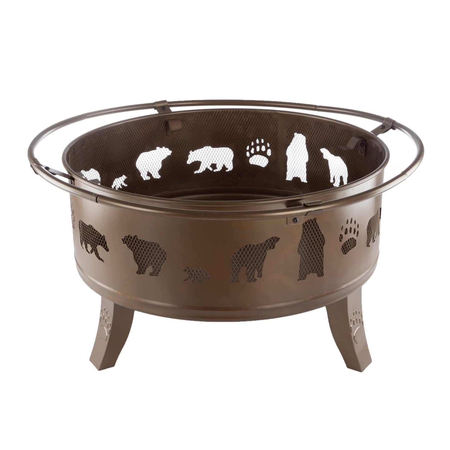Pure Garden 50-LG1202 32” Outdoor Deep Fire Pit-Round Large Steel Bowl with Bear Cutouts, Mesh Spark Screen, Log Poker & Storage Cover-Patio Wood Burning, Antique Gold