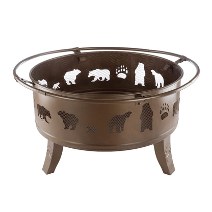 Pure Garden 50-LG1202 32” Outdoor Deep Fire Pit-Round Large Steel Bowl with Bear Cutouts, Mesh Spark Screen, Log Poker & Storage Cover-Patio Wood Burning, Antique Gold