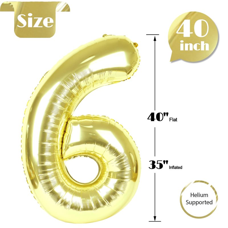 Light Gold Number 6 Balloon 40 Inch, 6th Birthday Party Decorations for Children, Giant 6 Foil Balloon for Party Supplies