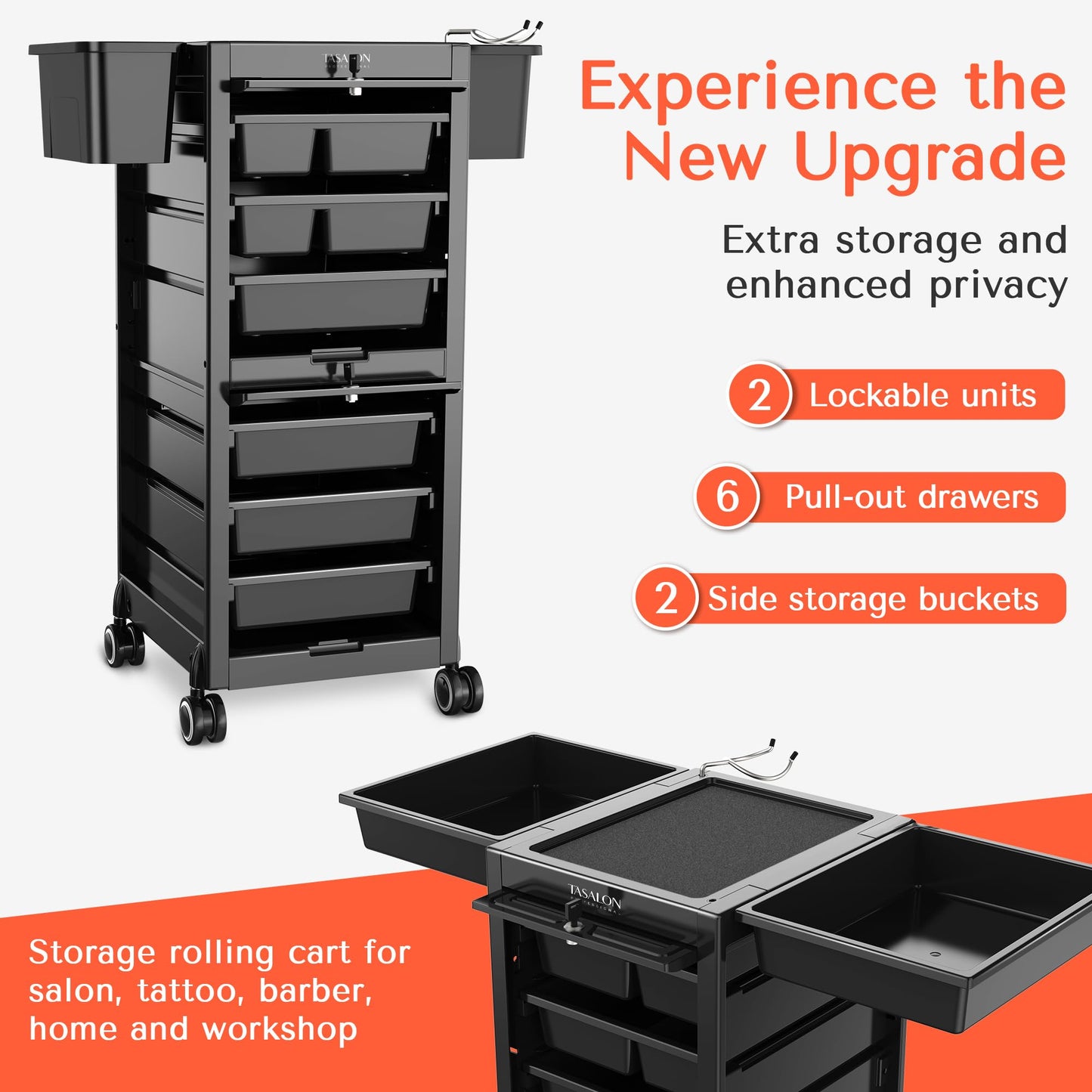 TASALON Lockable Salon Trolley Cart with Wheels and 6 Drawers & 2 Bucket, Versatile Salon Cart for Hair Stylist, Salon Rolling Cart for Extra Storage, Multi-use Cart for Salon, Tattoo, Barber