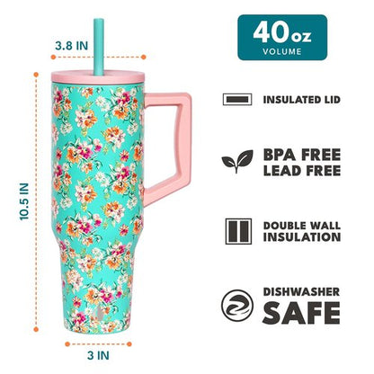 Elemental 40 oz Tumbler with Handle and Straw - Spill Proof Insulated Stainless Steel Commuter for Cold Beverages - Travel Coffee Mug with 2 Straws & Spill Proof Lid - 40oz - Vintage Flower