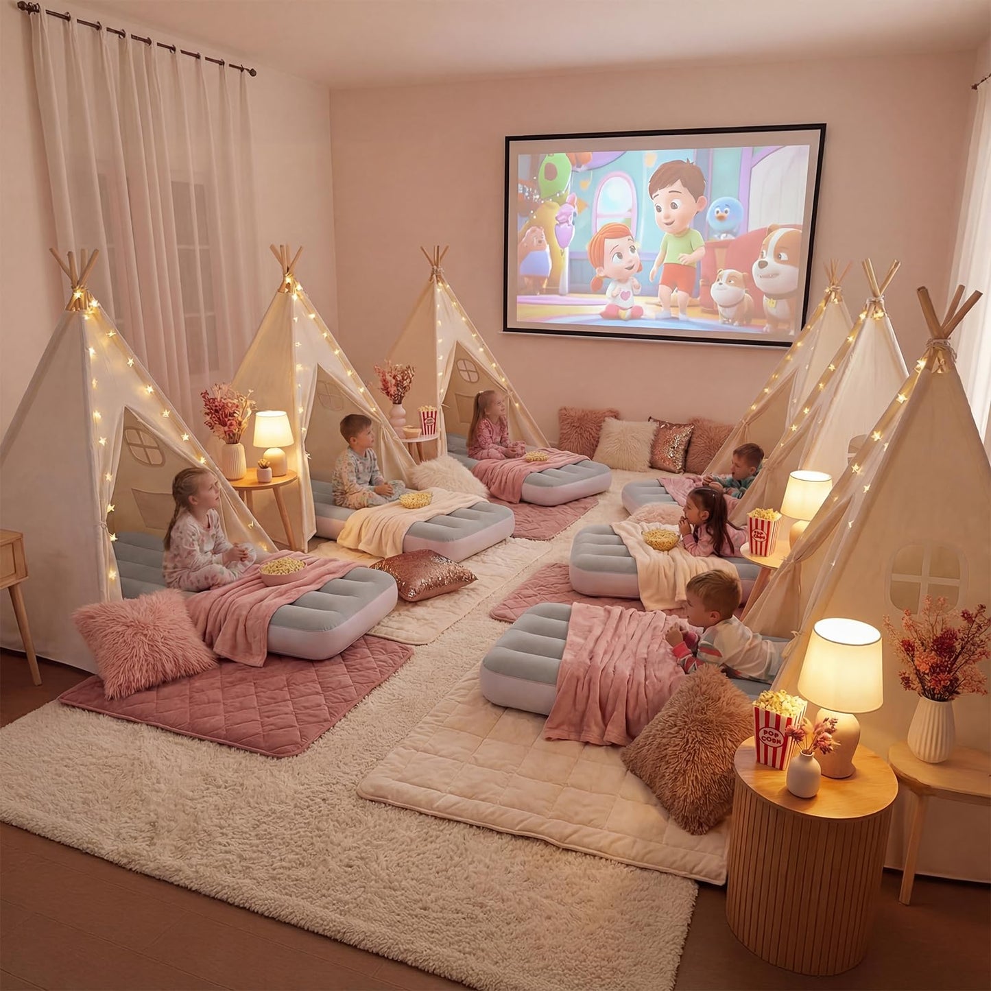 wilwolfer 6 Pack Kids Teepee Tent Bulk with Inflatable Airbed, Natural Toddler Play Tent for Girls Boys Indoor Sleepover Slumber Party Birthday Gifts