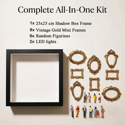 Mini Museum Silhouette Shadow Box Frame, DIY Memory Display Photo Craft Kit with LED String Lights, Mini Gold Frames & Figurines, Keepsake Box for Wedding Anniversary Family Milestone Gift (White)