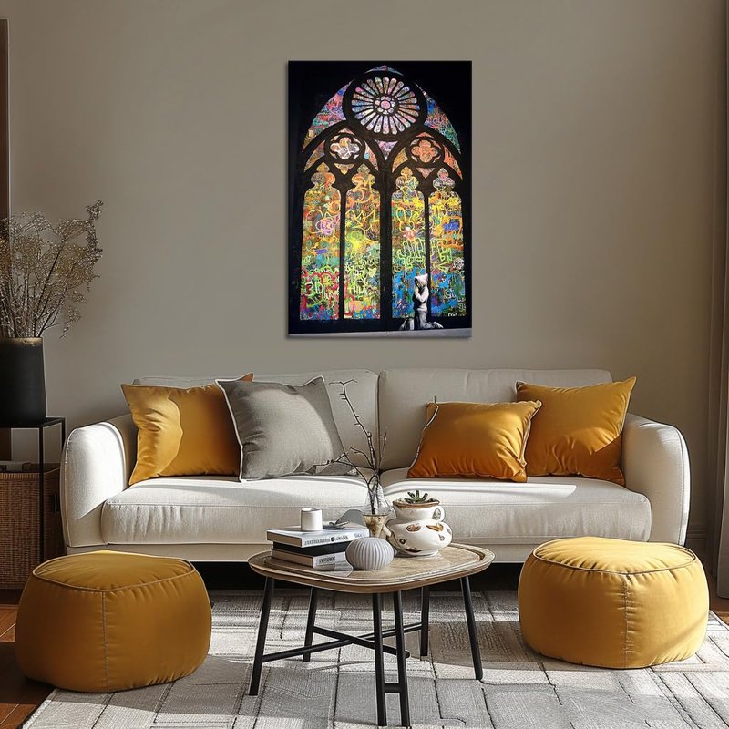 Banksy Wall Art Graffiti Street Painting on Canvas The Boy Praying in Church Prints Pictures for Modern Home Decoration, Framed 36''W x 24''H