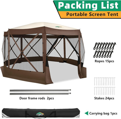 COBIZI Pop Up Gazebo Screen Tent Screen House for Camping, 15x15 Screen Room with Mosquito Netting, Hub Tent Instant Screened Canopy with Carrying Bag and Ground Stakes, Brown