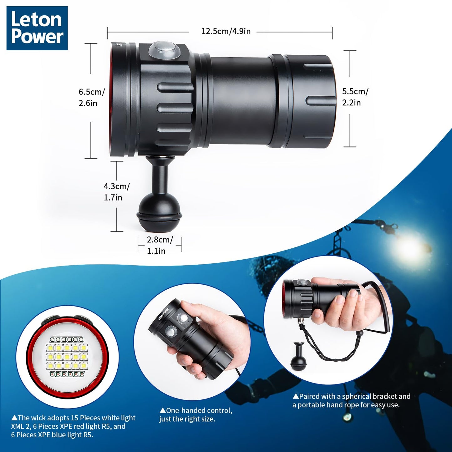 LetonPower B15 Dive Light Underwater Flashlight 8000Lumens Underwater Video Lights 80m Scuba Dive Light Diving Flashlight for Under Water Sports,Underwater Video Shooting and Photography