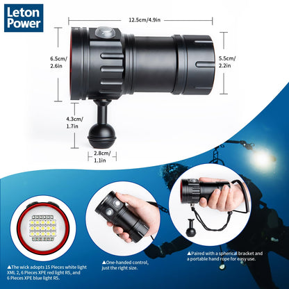 LetonPower B15 Dive Light Underwater Flashlight 8000Lumens Underwater Video Lights 80m Scuba Dive Light Diving Flashlight for Under Water Sports,Underwater Video Shooting and Photography