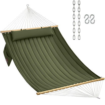 CHULIM Double Quilted Fabric Hammock with Hardwood Spreader Bars and Pillow 450 LBS Capacity 2 Person Large Hammock for Outdoor Patio Backyard Poolside - Green