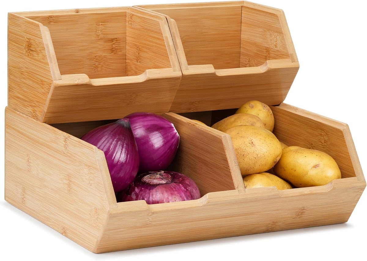 Pantry Storage Bins 3-Pack, Stackable Bamboo Containers for Potato & Onion Storage, Kitchen Organization & Decor (3pcs)