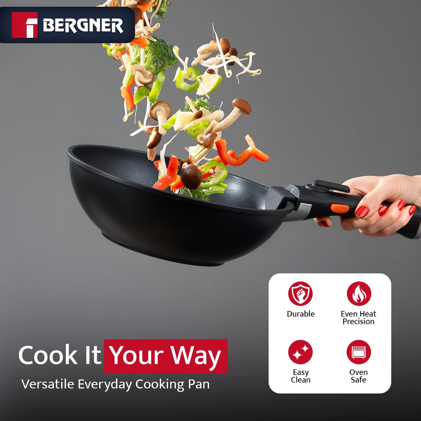 Bergner 11-Piece Non-Stick Cookware Set with Detachable Handles - Stackable Die-Cast Aluminum Pots and Pans Set, Induction Compatible, Space-Saving Kitchen Cookware, Black