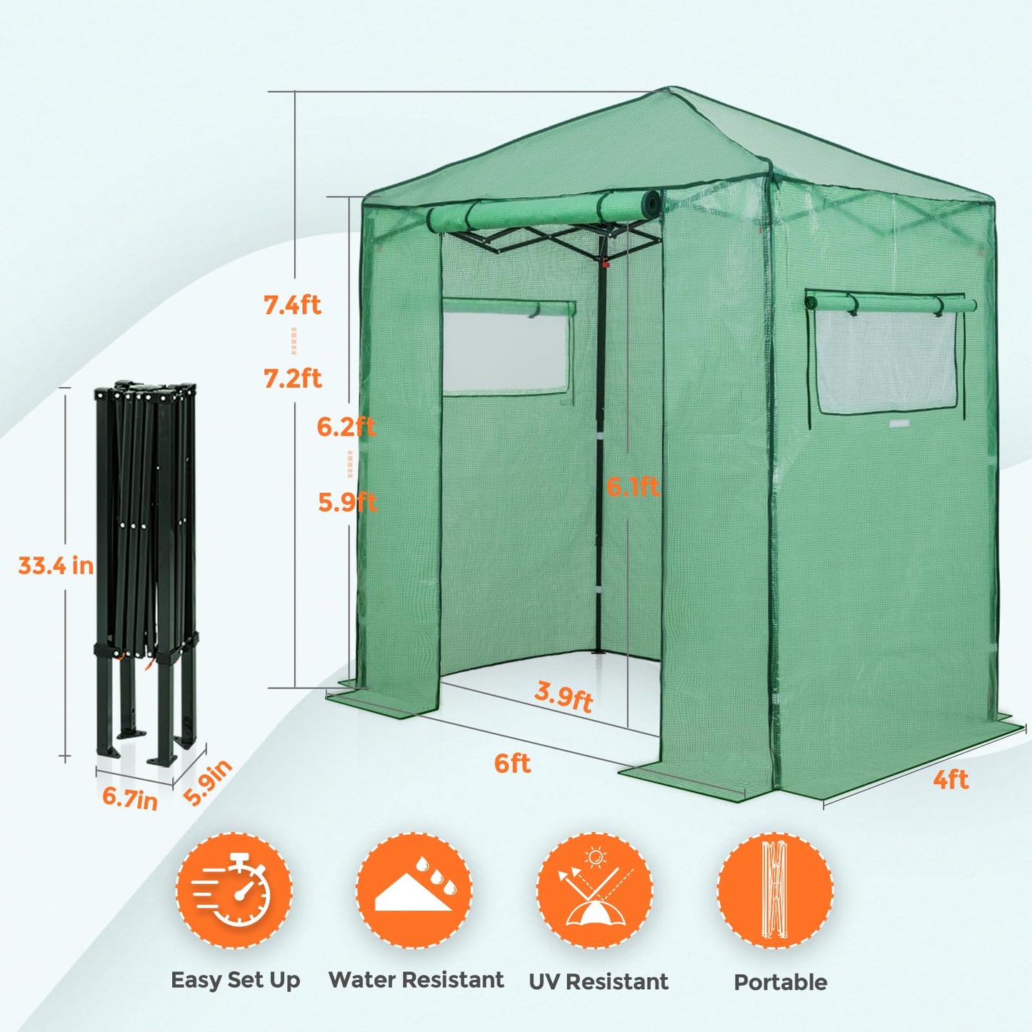 EAGLE PEAK 6x4 Portable Walk in Greenhouse, Pop Up Indoor Outdoor Greenhouse, Green House Kit with Zippered Roll-Up Doors and Windows, PE Cover, Clear/Green