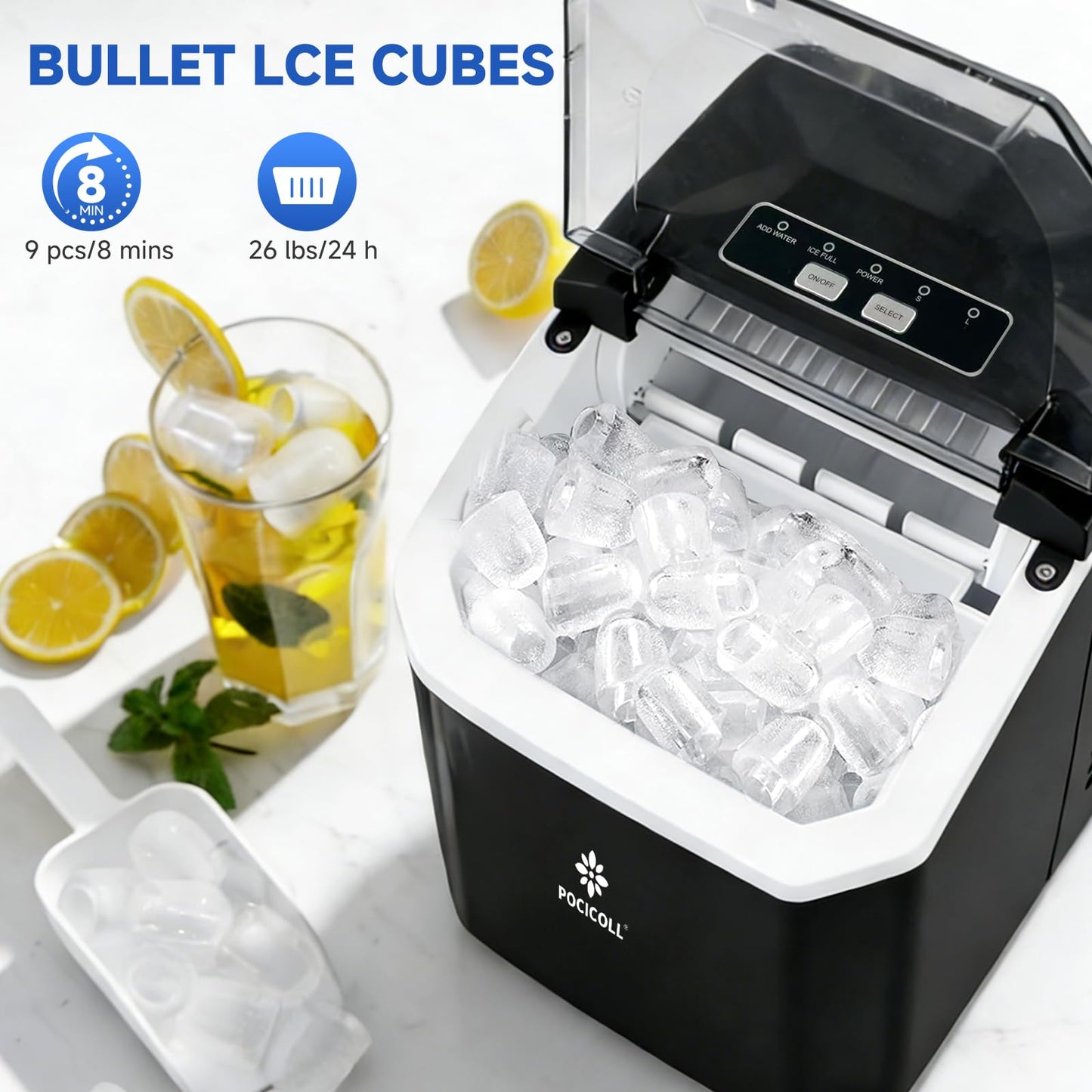 Pocicoll Countertop Ice Maker Machine, 26lbs in 24Hrs, 9 Ice Cubes Ready in 8 Mins, Auto-Cleaning Portable Ice Maker with Basket and Scoop, for Home/Kitchen/Camping/RV (Black)