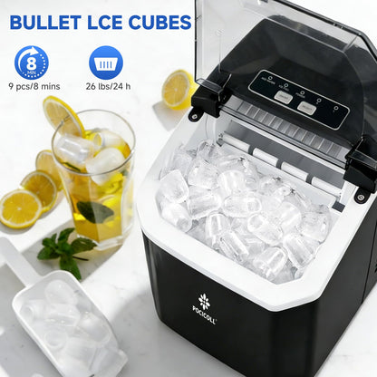 Pocicoll Countertop Ice Maker Machine, 26lbs in 24Hrs, 9 Ice Cubes Ready in 8 Mins, Auto-Cleaning Portable Ice Maker with Basket and Scoop, for Home/Kitchen/Camping/RV (Black)