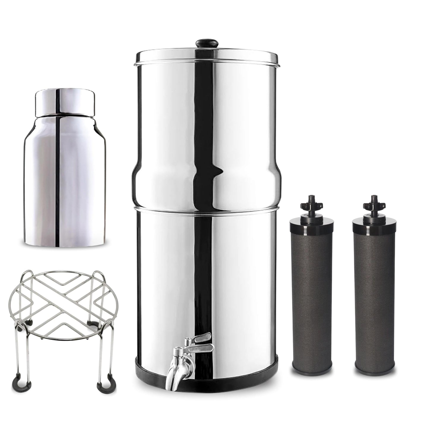 Denali Spring-1.6G (6 Liters)- Stainless Steel Gravity-Fed Water Filtration System with 2 Black Filters, SS Tap, POSTreat Filters, and Stainless Steel