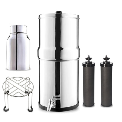 Denali Spring-1.6G (6 Liters)- Stainless Steel Gravity-Fed Water Filtration System with 2 Black Filters, SS Tap, POSTreat Filters, and Stainless Steel