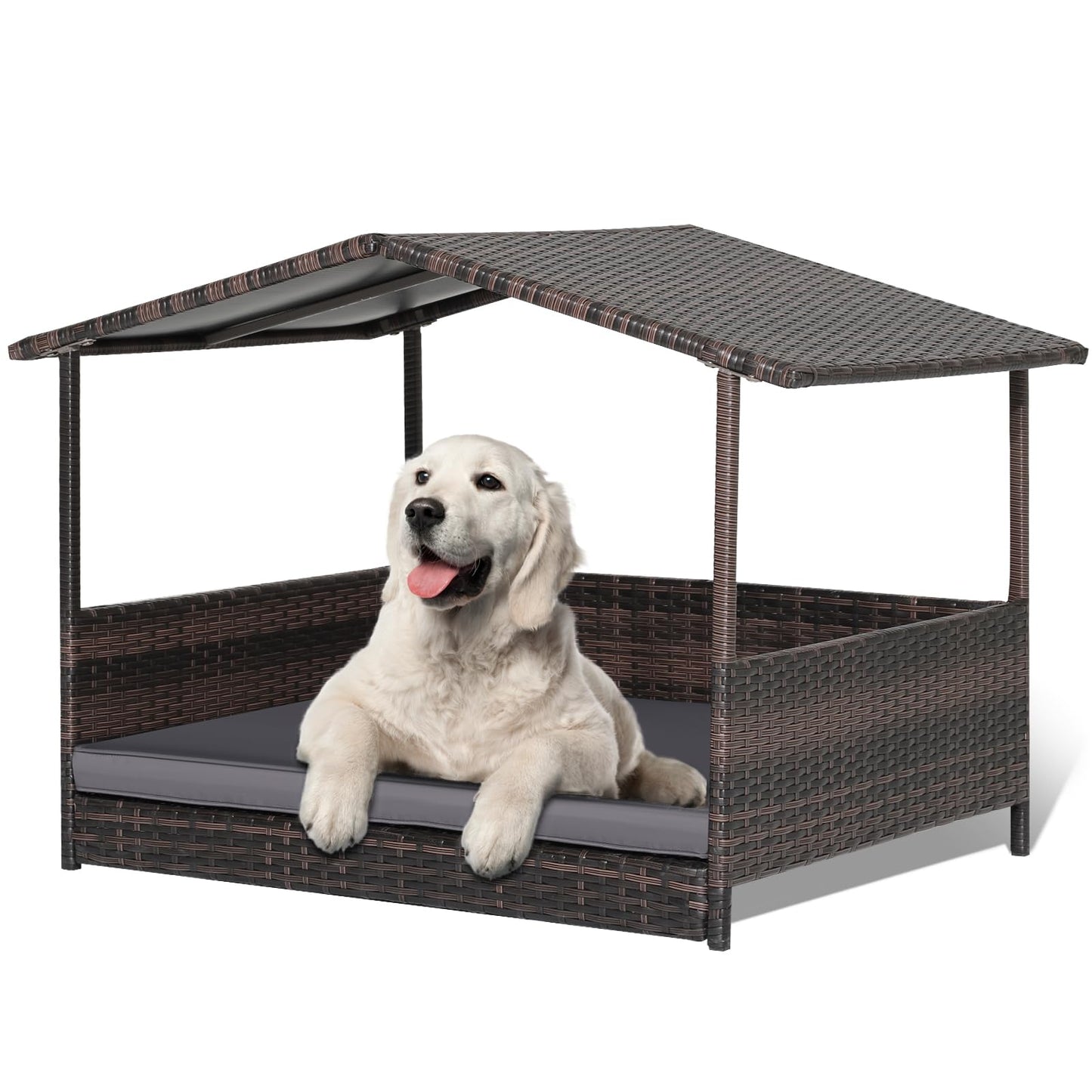 HAPPAWS Wicker Dog Bed House, Indoor Outdoor HDPE Rattan Dog Houses, Raised Dog Cot Pet House, Elevated Pets Sofa w/Washable Cover, Waterproof Roof Shelter, Removable Cushion Lounge