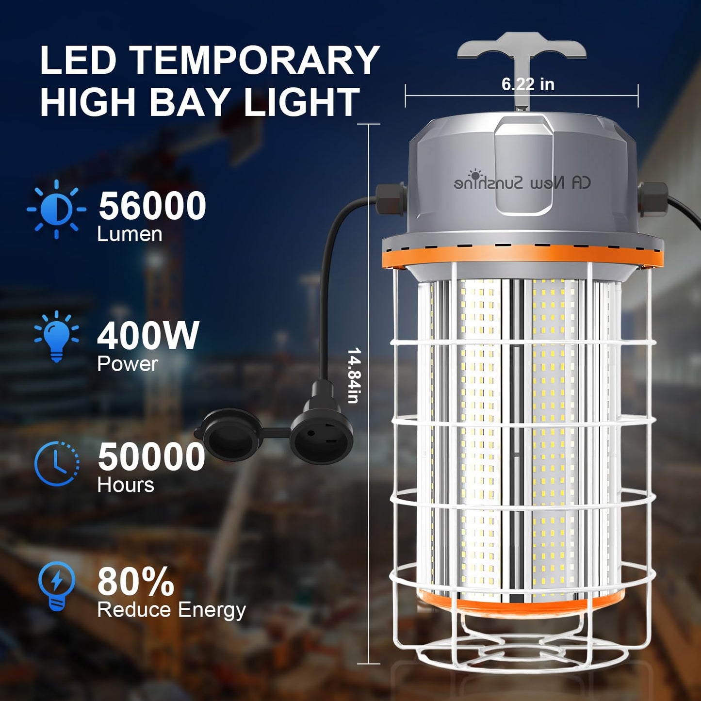 400W LED Temporary Work Light，56000Lumens 5000K Daylight White ON/Off Switch & Hook, IP65 Dust & Waterproof,Portable Hanging Construction Site Light for Jobsite, Warehouse, Workshop, Outdoor Projects
