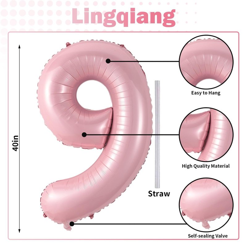 40'' Pink Number 9 Balloon, Self Inflating Foil Light Pink Number Balloons Set 0-9, Pastel Pink Digital 9 Helium Balloon for Girls 9th Birthday Party Decorations Anniversary Supplies