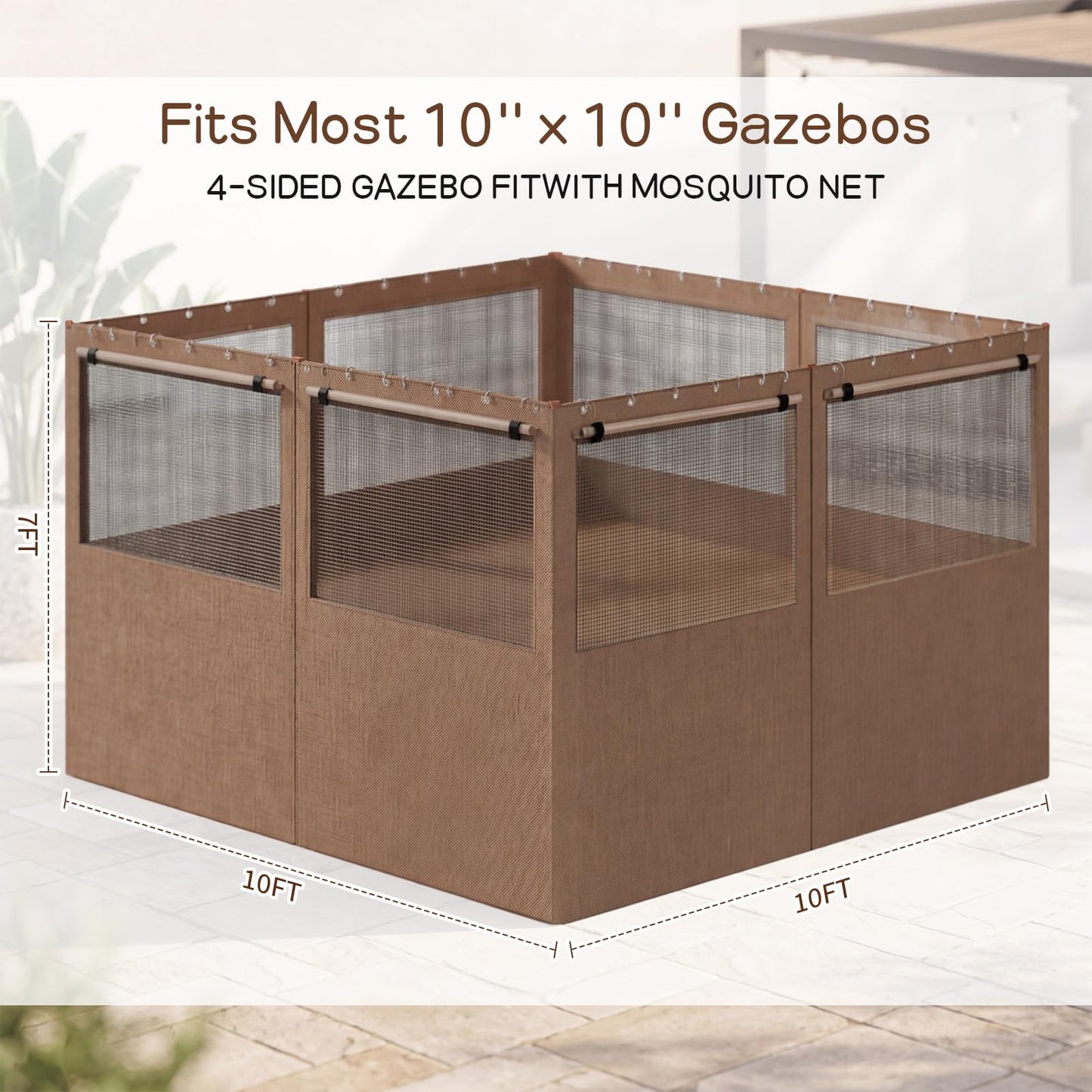 Batiyeer Gazebo Privacy Curtains 10' x 10' Outdoor Gazebo Curtains Waterproof with Mosquito Net Windows, Replacement 4-Panels Side Wall with Zippers for Patio Garden and Backyard, Brown(Curtain Only)