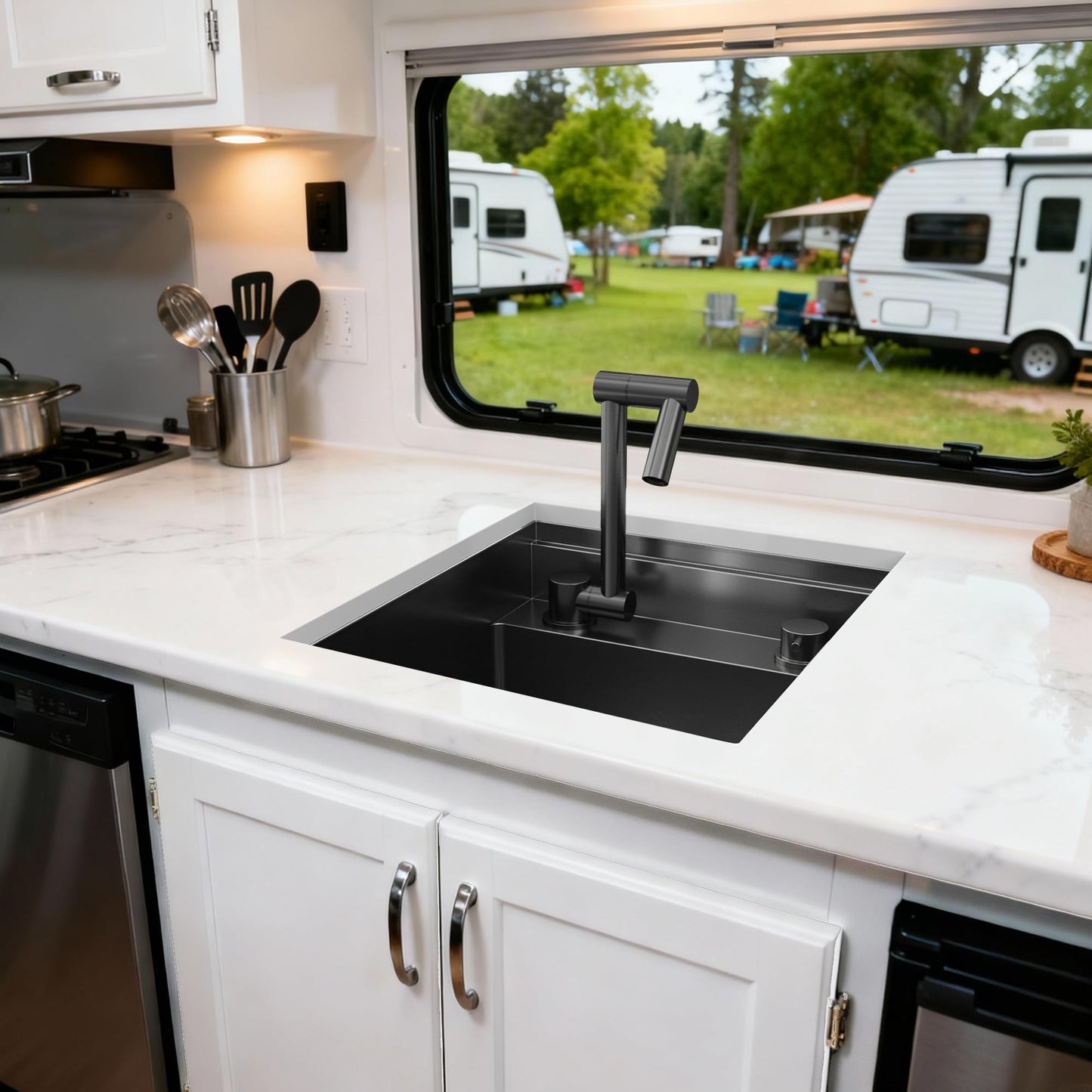 KOXKING Outdoor Kitchen Sink 15x18 Inch with Foldable Faucet, Nano Black 16 Gauge Stainless Steel RV Camper Bar Prep Workstation Sink with Cutting Board Cover, Bottom Grid & Drain Kit