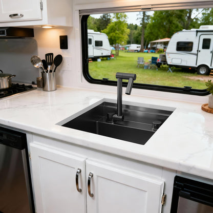 KOXKING Outdoor Kitchen Sink 15x18 Inch with Foldable Faucet, Nano Black 16 Gauge Stainless Steel RV Camper Bar Prep Workstation Sink with Cutting Board Cover, Bottom Grid & Drain Kit