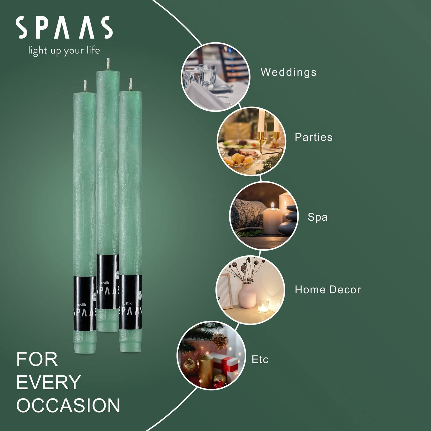 SPAAS Rustic Green Dinner Candles - 10" Tall Rustic Set of 6 Dripless Green Unscented Long Burning Decorative Candles for Home Decor, Table, Party, Weddings, and Holiday