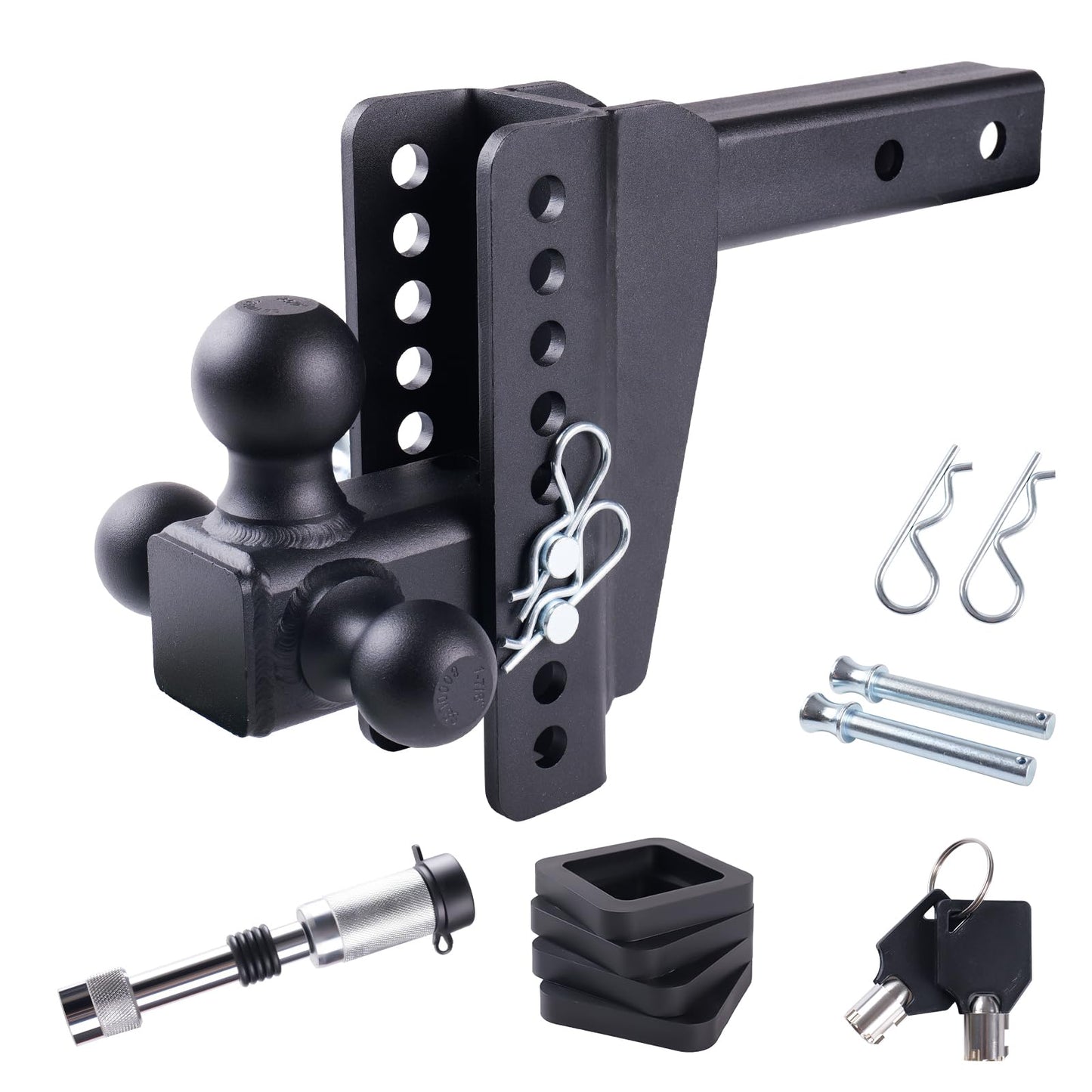 Adjustable Drop Hitch Tri-Ball, 8" Drop/Rise, 18,500 LBS GTW, Fits 2-Inch Receiver, Anti-Theft Locking Pins, Heavy-Duty Trailer Hitch for Trucks