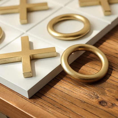 NIKKY HOME 12x12 Inch Tic Tac Toe Wood Game Board Classic Coffee Table Decor Modern Wooden Travel Game for Family White &amp Gold