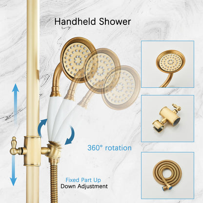 MOSSON Antique Brass Shower System Bathroom Shower Faucet Set with 8 Inch Shower Head Handheld Spray and 360 ° Rotation Tub Spout 2 Cross Handles Outdoor Shower Fixtures