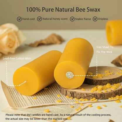 Natural Organic Beeswax Pillar Candles 2x4 Inch Bulk, 100% Pure Bees Wax Candles for Home, 210 Hour Long Burning, Dripless Smokeless Non Toxic Candle for Emergency Parties Meditation Prayer(6 Pack)