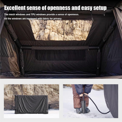CAMVIL 2025 Upgraded Canvas Inflatable Camping Tent with Pump, Easy Setup Blow Up Air Tent for Camping,No Assembly Needed Air Tent with Mesh Skylight Windows&Doors (Black)