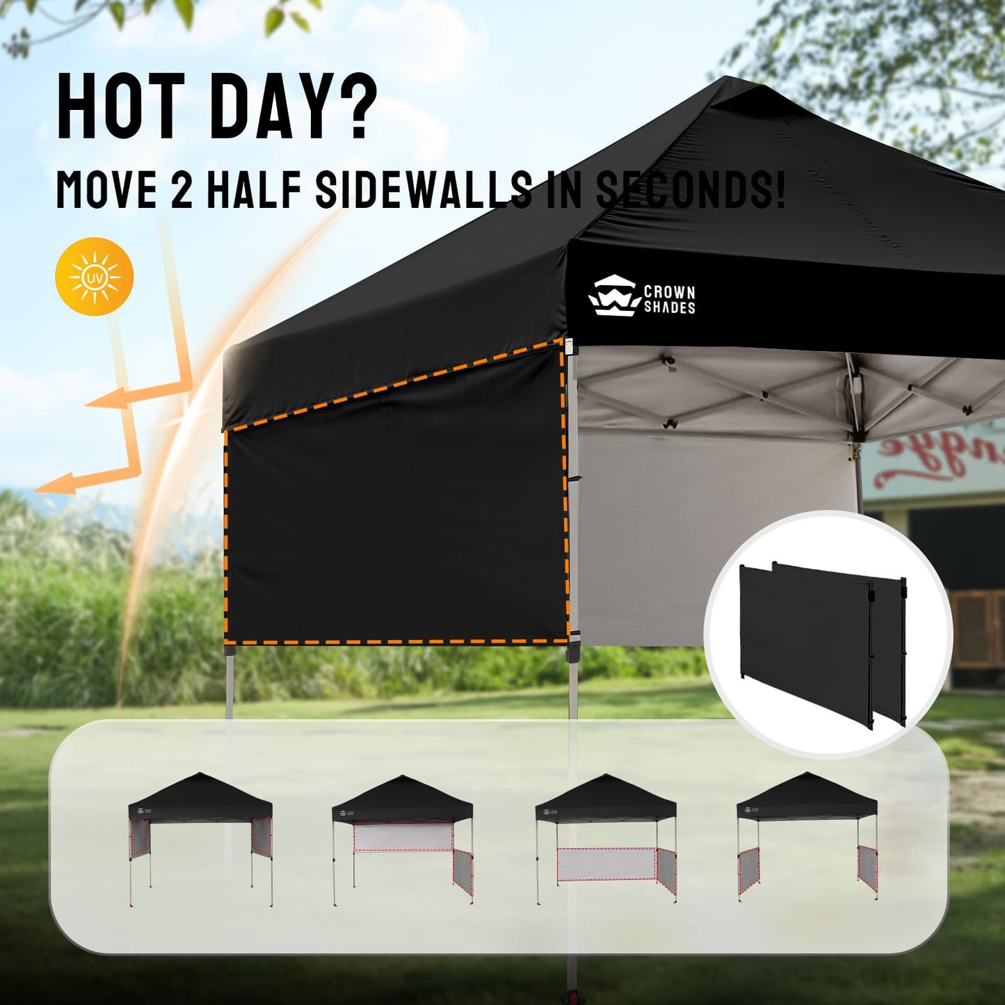 CROWN SHADES 10x10 Pop up Canopy Tent Instant Canopy with 150D Silver Coated Fabric Including 2 Half Sidewalls, 4 Ropes, 8 Stakes, 4 Weight Bags, STO 'N Go Bag, Black