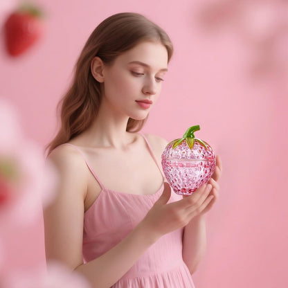 kanpura Pink Strawberry Candy Jar with Lid Small Cute Crystal Candy Dish Set of 2 Glass Decorative Container for Sugar, Cookie, Nuts Valentines Day Gift for Women (3.5 oz)