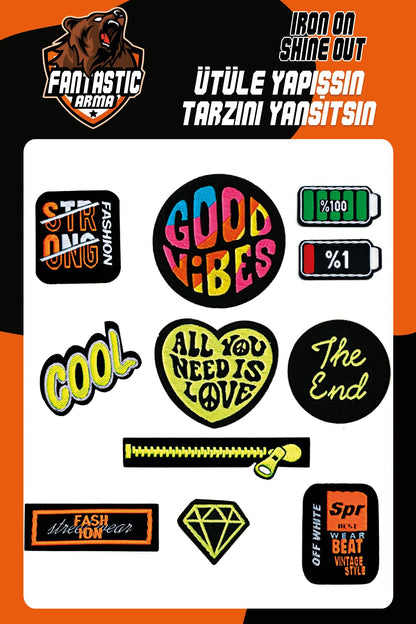 Iron-On Woven Patch Set – 11-Pack Good Vibes, Cool & Diamond Design Badges, 100% Polyester, Strong Adhesive, Easy Heat Press Application