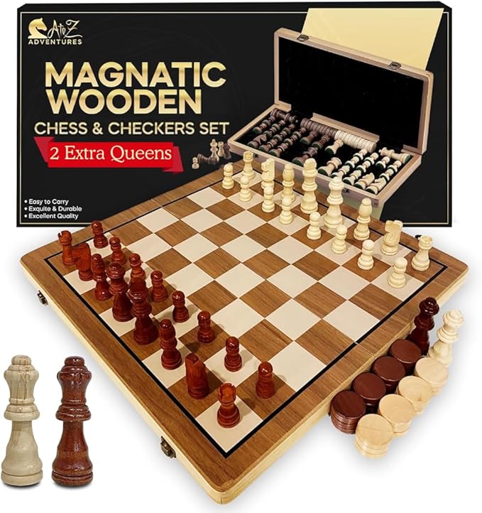 Magnetic Chess Set with Checkers - 15 (2 in 1) Folding Wooden Chess Sets for Adults &amp Kids with 2 Extra Queens | Travel Chess Board Game Set with Chess Pieces Storage Slots Luxury Gift with Stor
