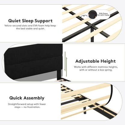 GRUSIGN Full Size Platform Bed Frame with Velvet Headboard, Adjustable Height Wooden Slats Support, Upholstered Mattress Foundation, Fits Mattress or Mattress with Box Spring, Easy Assembly, Black