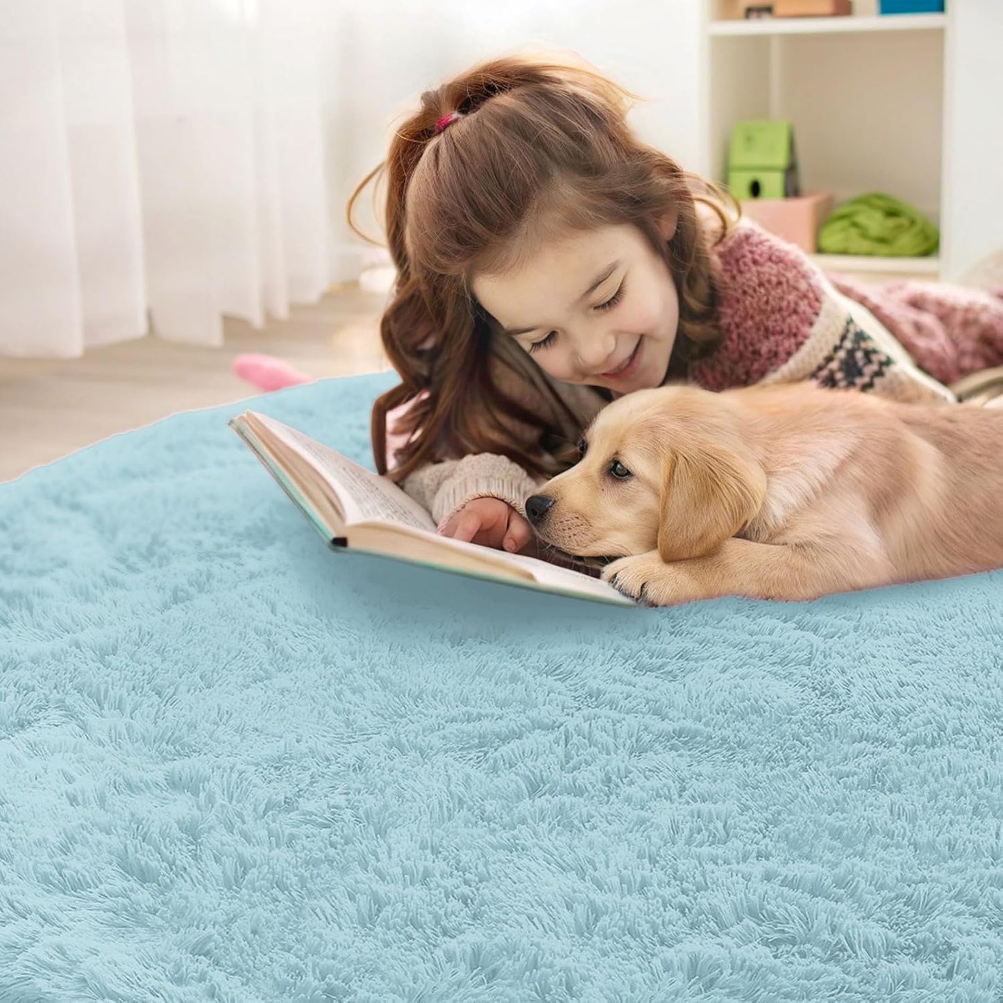 OLANLY Round Light Blue Area Rug - Soft, Fluffy, Machine Washable 3 ft Carpet for Bedroom & Nursery Decor