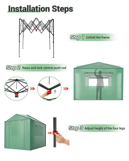 6x8 FT Pop-Up Greenhouse with Durable PE Cover, 96"x72" Large Grow Tent for All Seasons | Features Zippered Doors & Mesh Windows for Indoor/Outdoor Plants, Easy to Assemble (Green)