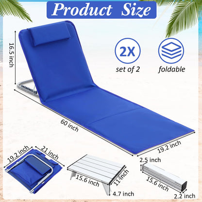 Beeveer 4 Pack Beach Lounge Chaise Chairs with 2 Folding Side Tables Portable Tanning Chair 5 Position Adjustable Lightweight for Sunbathing, Outdoor Yard, Lawn,Camping(Deep Blue)